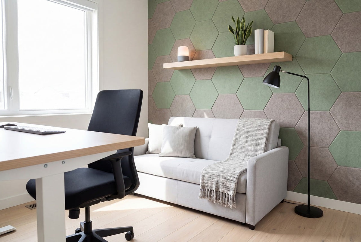 Hemmakontor med skrivbord, svart kontorsstol och ljusgrå soffa framför en vägg med gröna och grå sexkantiga paneler
