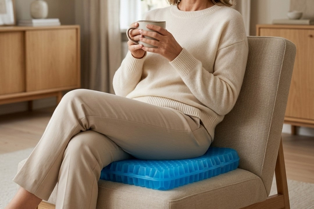 Kvinna med en kopp sitter i en fåtölj på den blå sittkudden ErgoGel Pro XL
