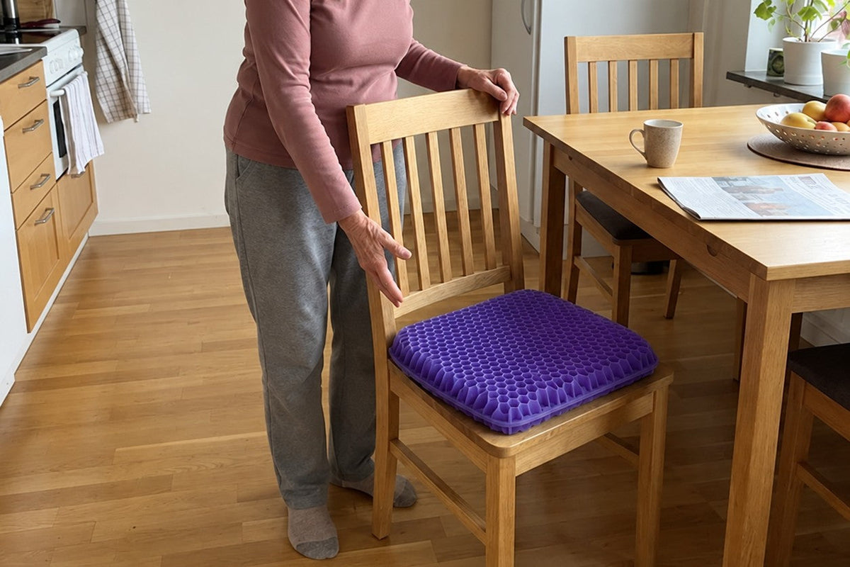 Äldre kvinna står bakom en köksstol med den lila sittkudden ErgoGel Pro på sitsen