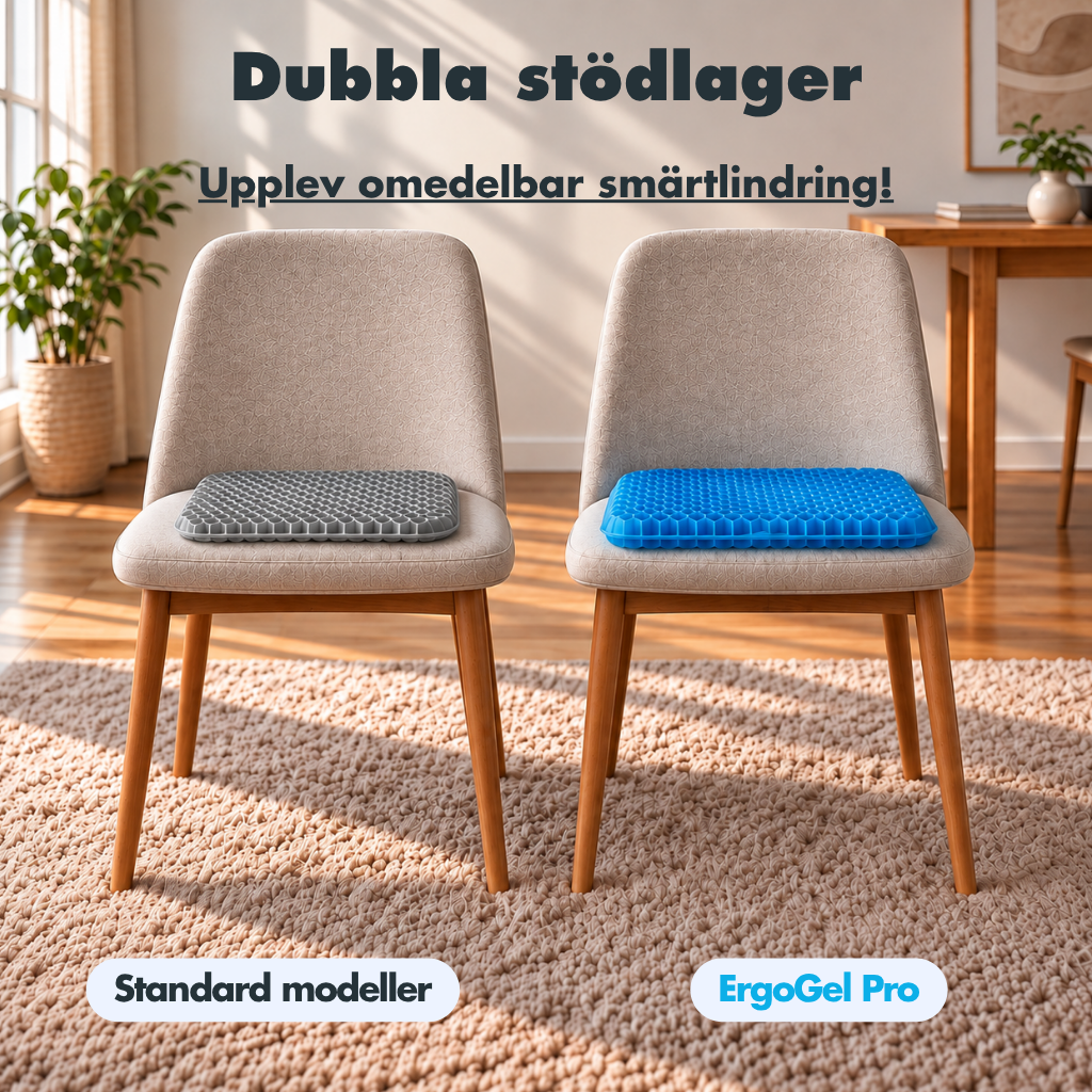 Jämförelse av två stolar: grå kudde märkt Standard modeller och blå ErgoGel Pro-gelkudde, under rubriken Dubbla stödlager