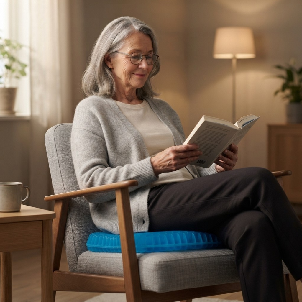 Äldre kvinna med glasögon läser en bok i en fåtölj och sitter på en blå ErgoGel Pro XL Sittkudde