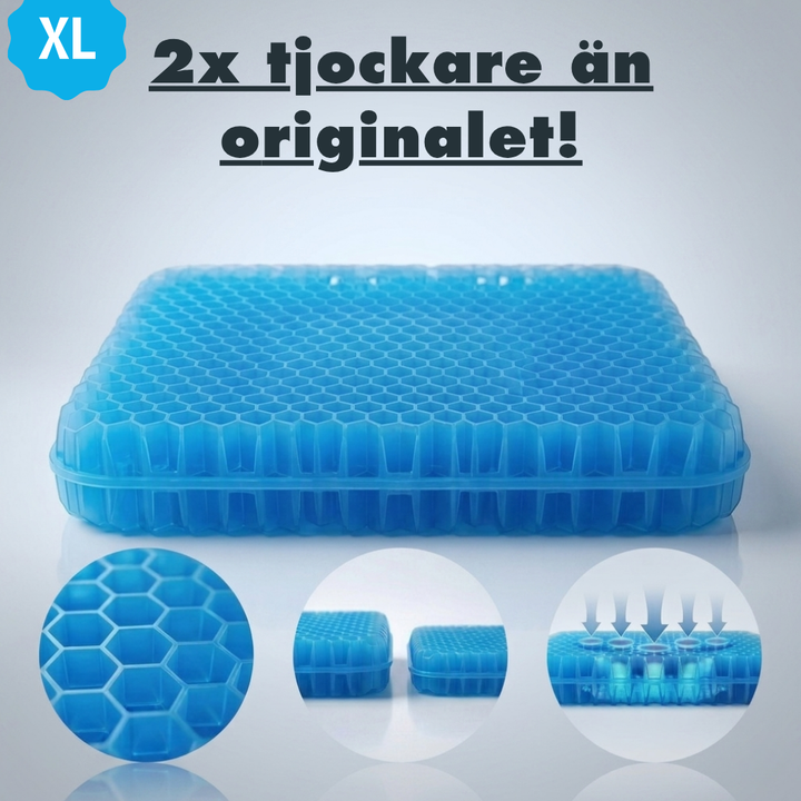 XL Sittkudden i blå gel med texten att den är dubbelt så tjock som originalet