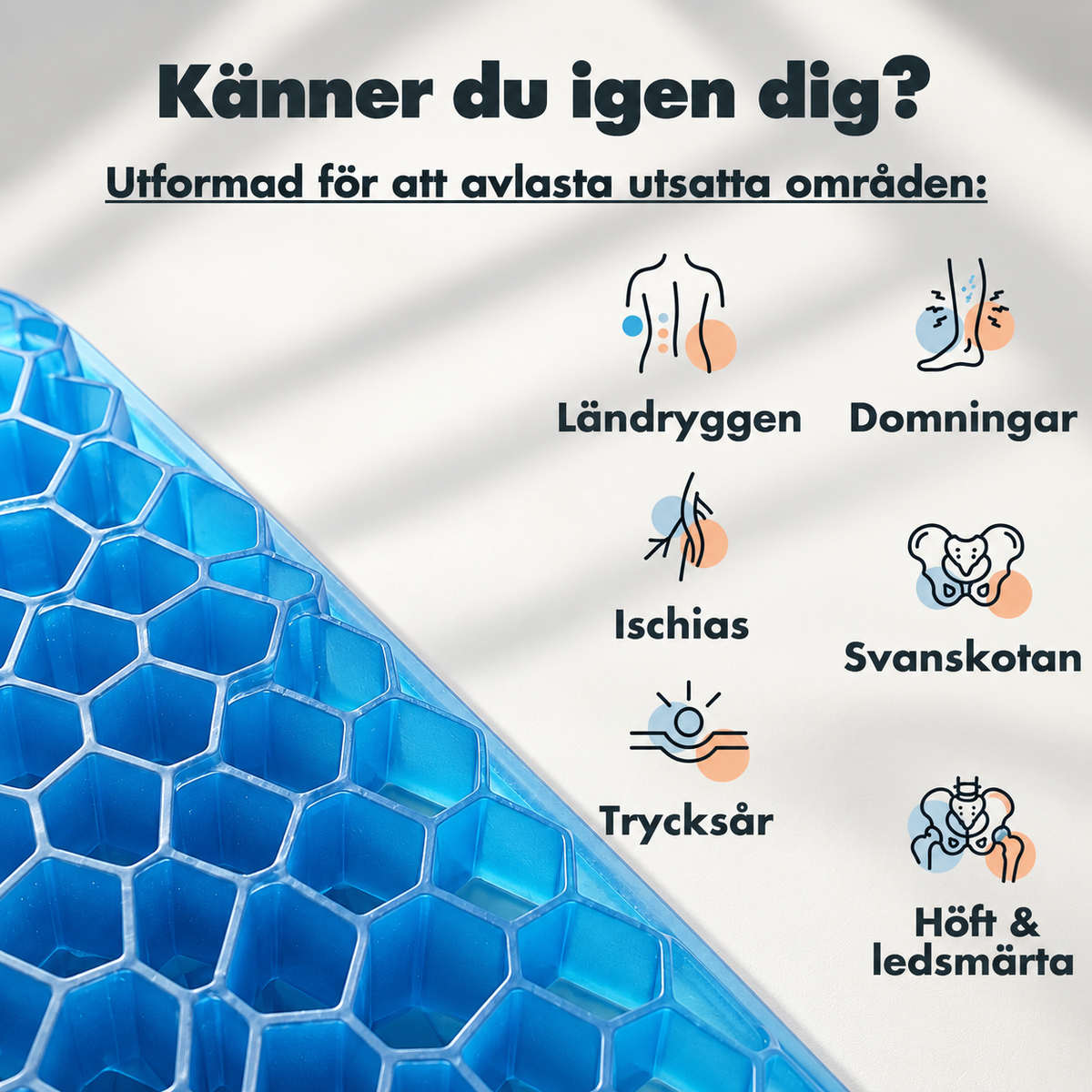 Hörn av en blå sittkudde i gel med en rubrik och sex ikoner för bland annat ländrygg, ischias, svanskota och höft