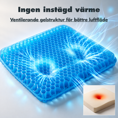 Blå gelkudde med vita luftflödeslinjer under rubriken Ingen instängd värme, bredvid en skumkudde med röd värmefläck