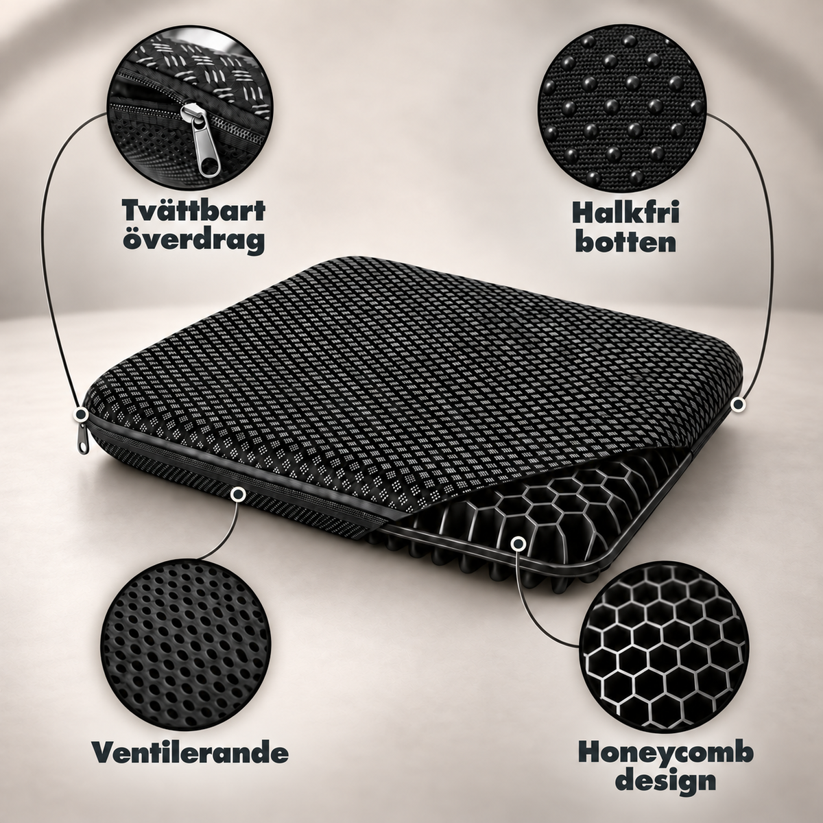Svart sittkudde i gel med dragkedja och detaljbilder: tvättbart överdrag, halkfri botten, ventilation, bikakemönster