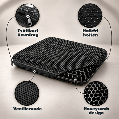 Svart sittkudde i gel med dragkedja och detaljbilder: tvättbart överdrag, halkfri botten, ventilation, bikakemönster