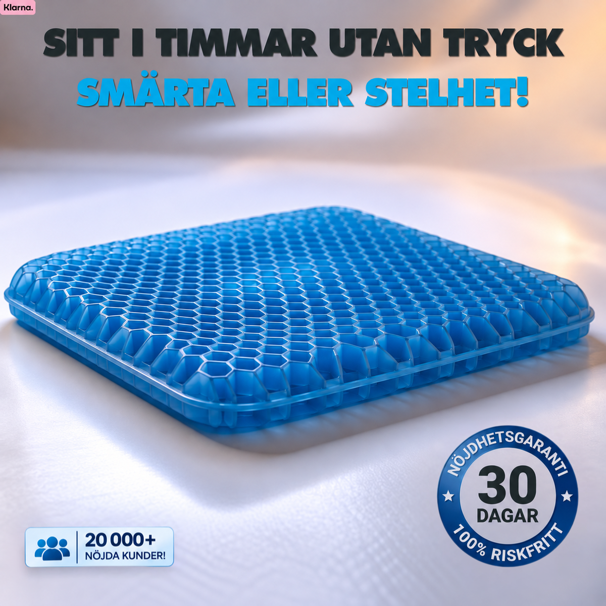 ErgoGel Pro Sittkudde i blå gel snett från sidan, med märke för 30 dagars nöjdhetsgaranti och texten Sitt i timmar utan tryck