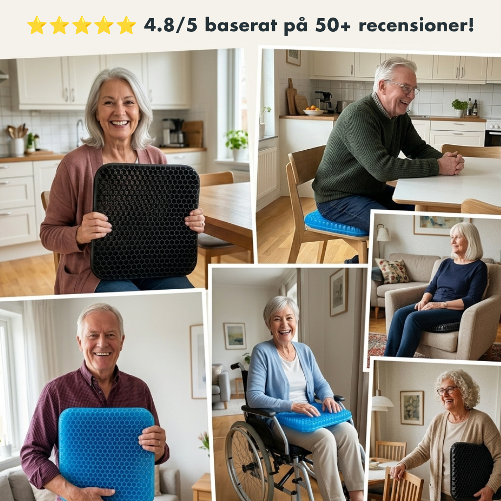 Collage med leende äldre personer som sitter på eller håller upp blå och svarta sittkuddar i gel, med kundbetyg överst