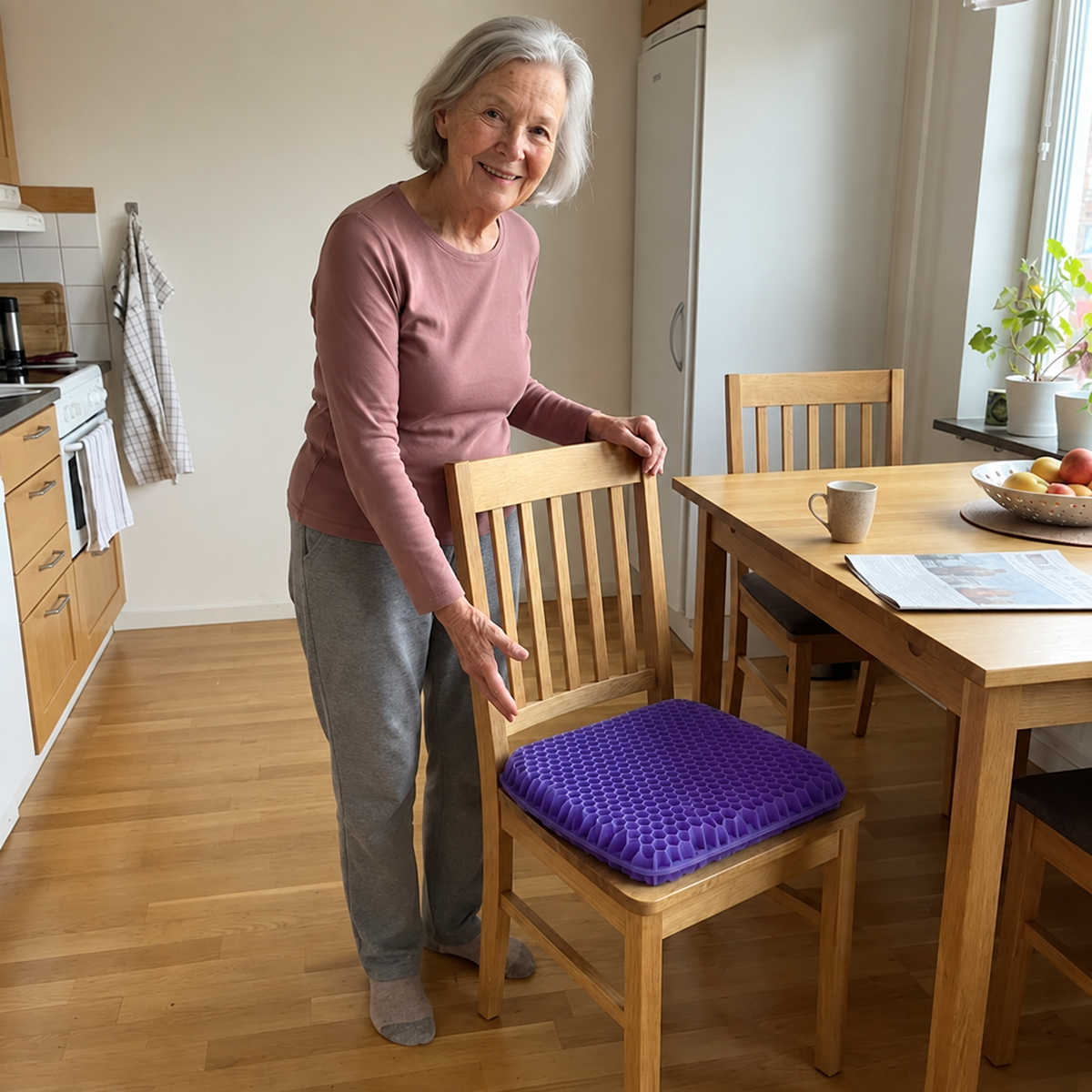 Äldre kvinna ställer en stol med lila ErgoGel Pro sittkudde vid ett köksbord
